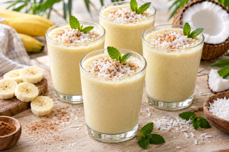 Vier Gläser mit cremigem Kokosnuss-Bananen-Shake, garniert mit Kokosraspeln und Zimt