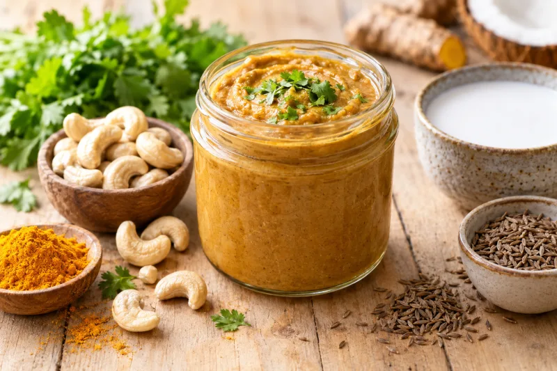 Vegane Korma Currypaste in einem Glas mit frischen Gewürzen und Cashewkernen