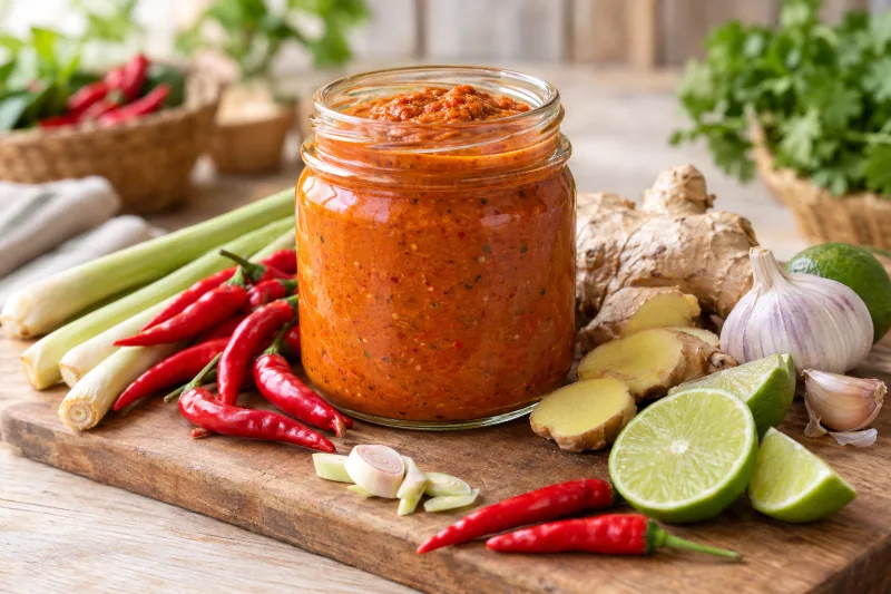 Vegane Laksa-Paste in einem Glas mit frischen Zutaten drumherum
