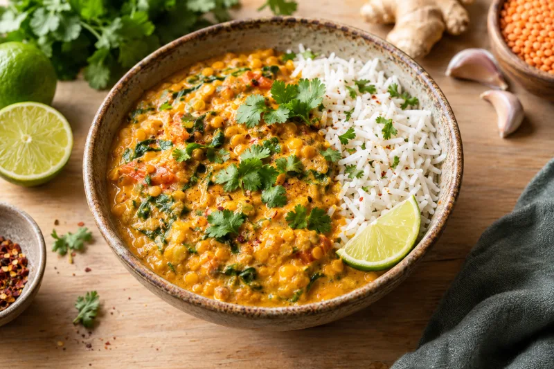 Cremiges veganes Linsen-Kokos-Curry mit Koriander in einer Schüssel