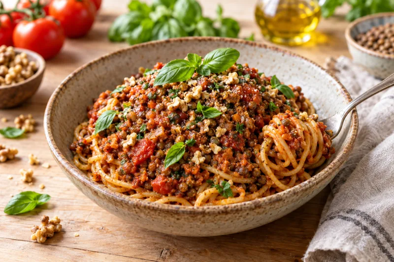 Vegane Linsen-Walnuss-Bolognese in einer Pfanne mit Spaghetti und frischem Basilikum