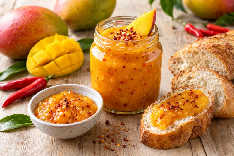 Veganer Mango-Chili-Aufstrich in einem Glas mit frischer Mango und Chili