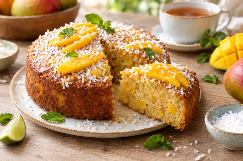 Veganer Mango-Kokos-Kuchen auf einer Kuchenplatte, mit Kokosraspeln bestreut