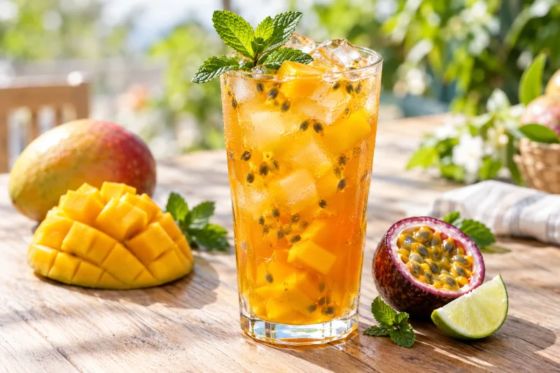 Glas mit Mango-Maracuja Eistee, Eiswürfeln und Minze