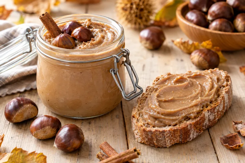 Vegane Maronencreme in einem Glas mit frischen Maronen daneben