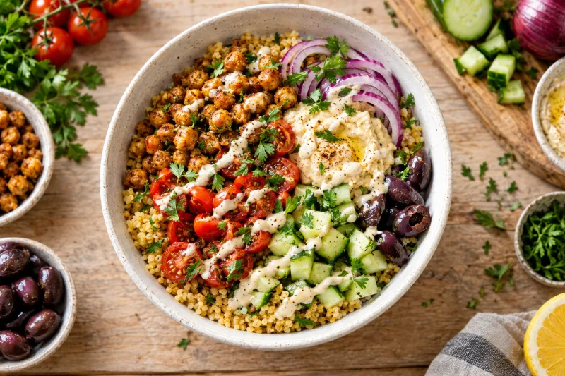 Mediterrane vegane Bowl mit Bulgur, Kichererbsen, Hummus und Gemüse