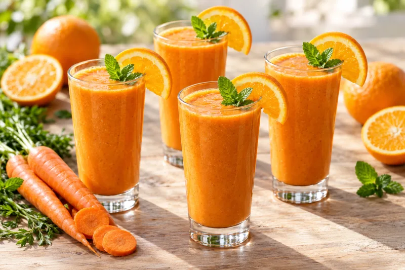 Vier Gläser mit leuchtend orangefarbenem veganen Karotten-Orangen-Shake, garniert mit Orangenscheibe