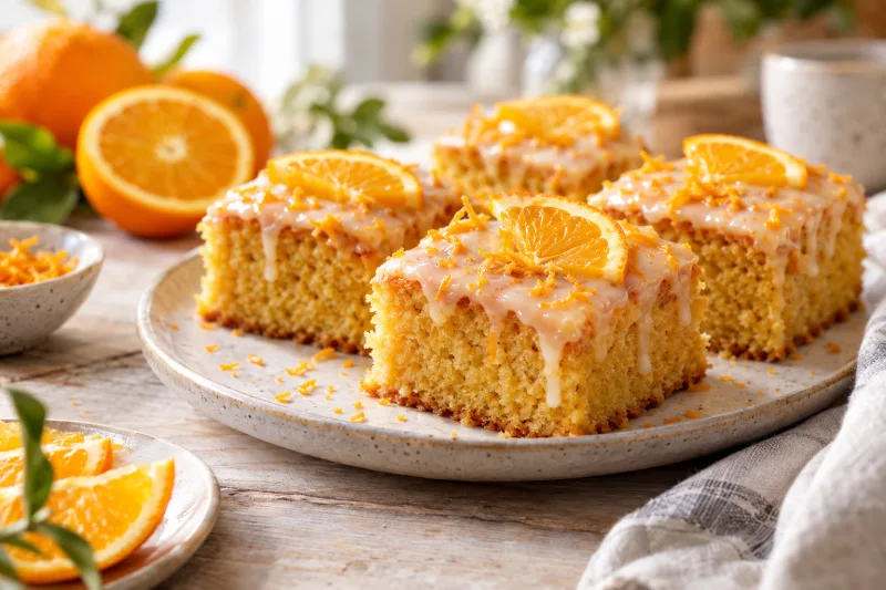 Vegane Orangenschnitten mit Puderzuckerglasur auf einem Teller