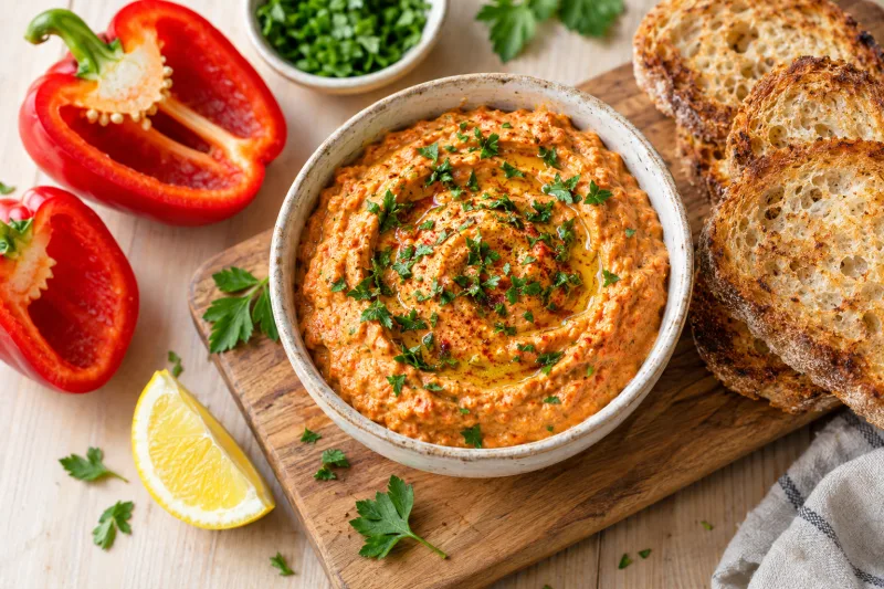 Cremiger veganer Paprika-Avocado-Aufstrich auf geröstetem Brot mit Petersilie garniert