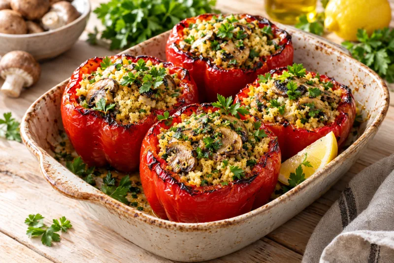 Gefüllte rote Paprika mit Couscous und Pilzen in einer Auflaufform