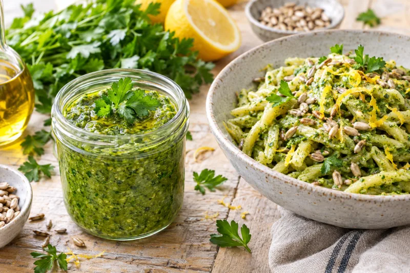 Veganes Petersilien-Pesto in einem Glas, mit Nudeln und frischer Petersilie garniert