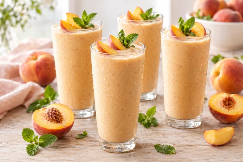 Cremiger veganer Pfirsich-Shake in vier Gläsern mit frischen Pfirsichscheiben und Minze garniert