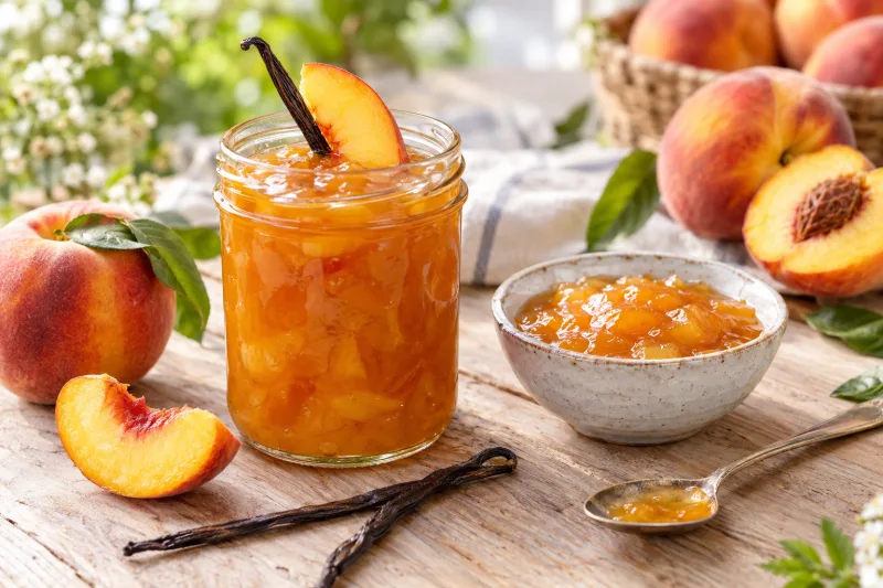 Glasschale mit hausgemachter Pfirsichmarmelade, daneben frische Pfirsiche und ein Löffel