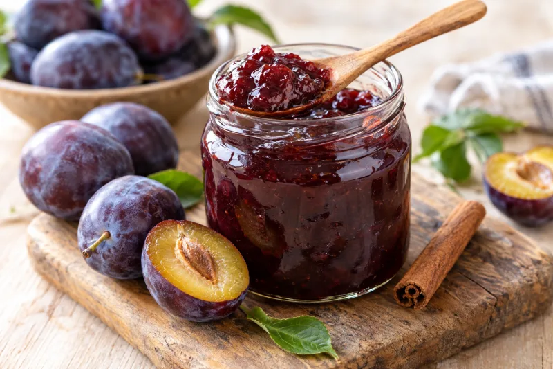 Glas mit hausgemachter veganer Pflaumenmarmelade und frischen Pflaumen