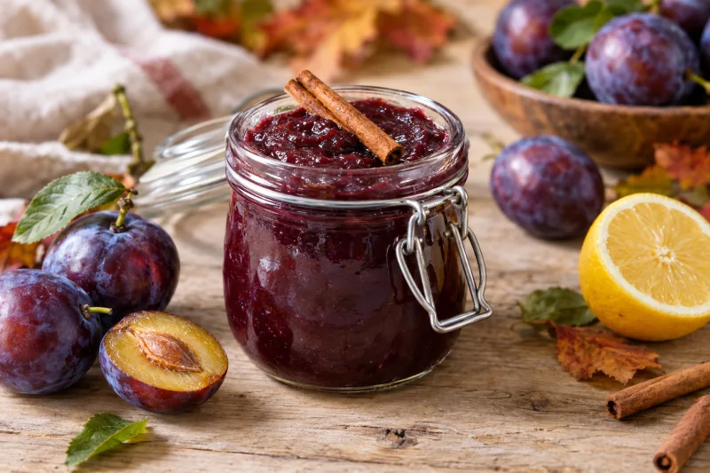 Veganes Pflaumenmus in einem Glas mit frischen Pflaumen daneben