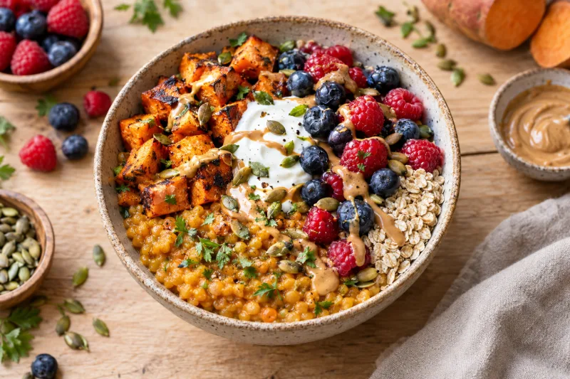 Vegane Frühstücks-Bowl mit roten Linsen, Süßkartoffelwürfeln, Beeren und Erdnussmus in einer Schale