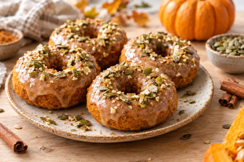 Gebackene vegane Pumpkin Spice Donuts mit Zimt-Glaze und Kürbiskernen auf einem Teller