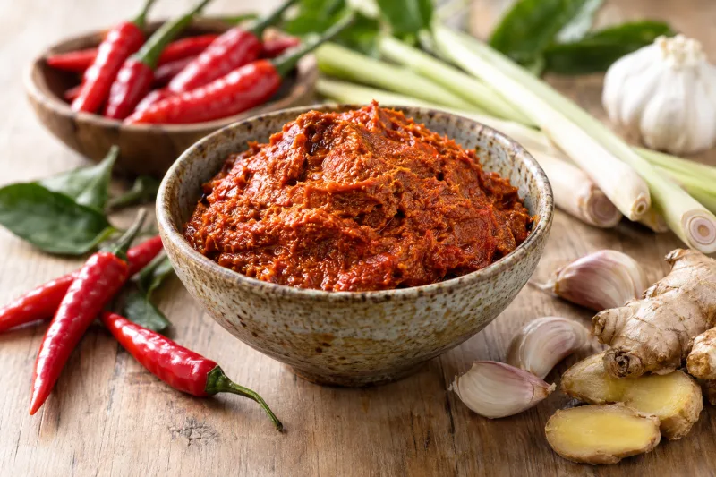 Frisch gerührte vegane Rendang Currypaste in einer Schale mit Chilis und Zitronengras