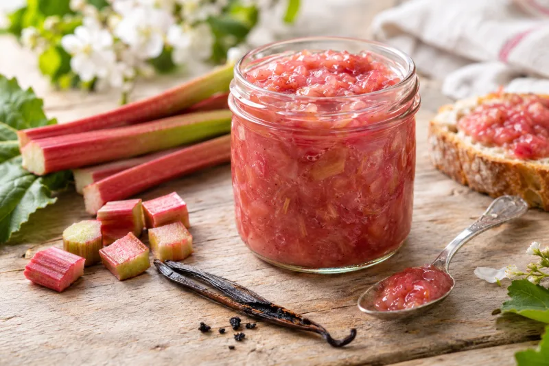Glas mit selbstgemachtem Rhabarber-Vanille-Aufstrich, daneben frisches Brot und Rhabarberstangen