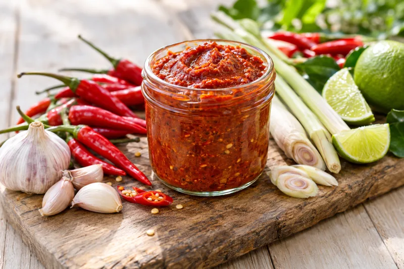 Rote Currypaste in einem Glas mit frischen Chilis und Limette
