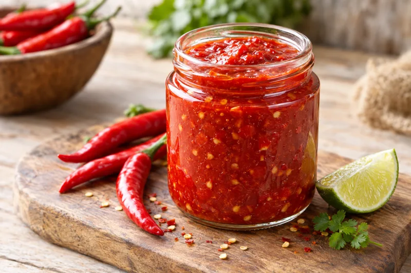 Rote Sambal Oelek in einem Glas mit frischen Chilis und Limette