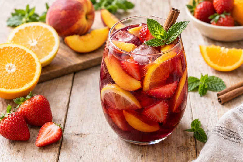 Glas mit roter Sangria, garniert mit Orangenscheiben und Eiswürfeln