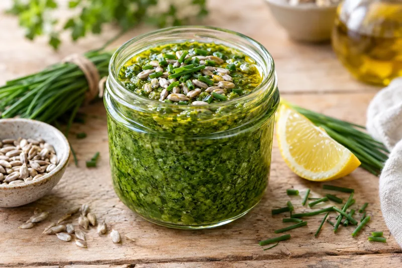Grünes Schnittlauch-Pesto in einem Glas mit Sonnenblumenkernen und frischem Schnittlauch