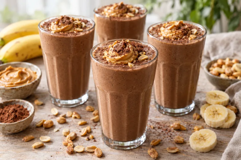 Vier Gläser mit cremigem Schoko-Erdnussbutter-Shake, garniert mit Kakaopulver und Erdnussbutter-Swirl.