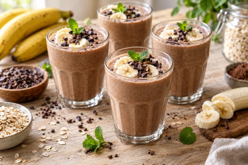Vier Gläser mit cremigem Schoko-Haferflocken-Shake, garniert mit Bananenscheiben und Kakaonibs.