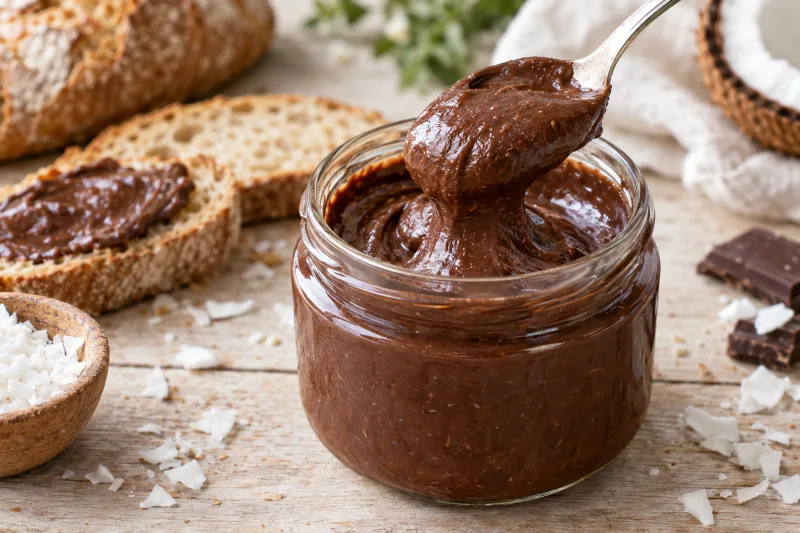 Veganer Schoko-Kokos-Aufstrich in einem Glas, daneben frisches Brot und Kokosraspeln