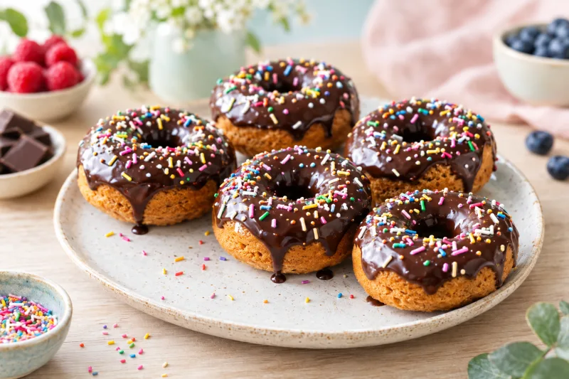 Vegane Donuts mit glänzender Schokoladenglasur und bunten Streuseln auf hellem Teller