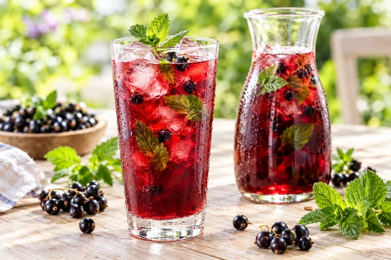 Eiskalter schwarzer Johannisbeer Eistee in einem Glas mit Eiswürfeln und Minze
