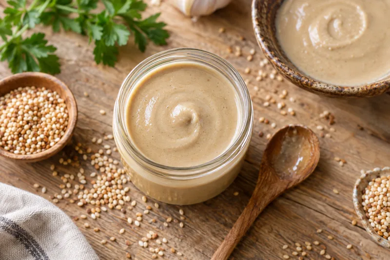 Cremige vegane Sesampaste in einem Glas mit Sesamsamen und Löffel