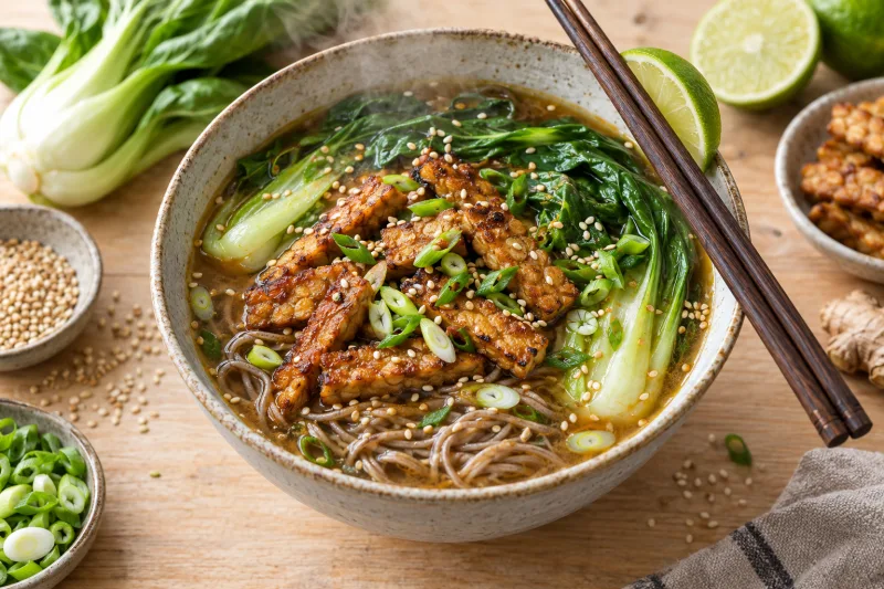 Vegane Soba-Nudelsuppe mit goldbraunem Tempeh, Pak Choi und Sesam in einer Schale