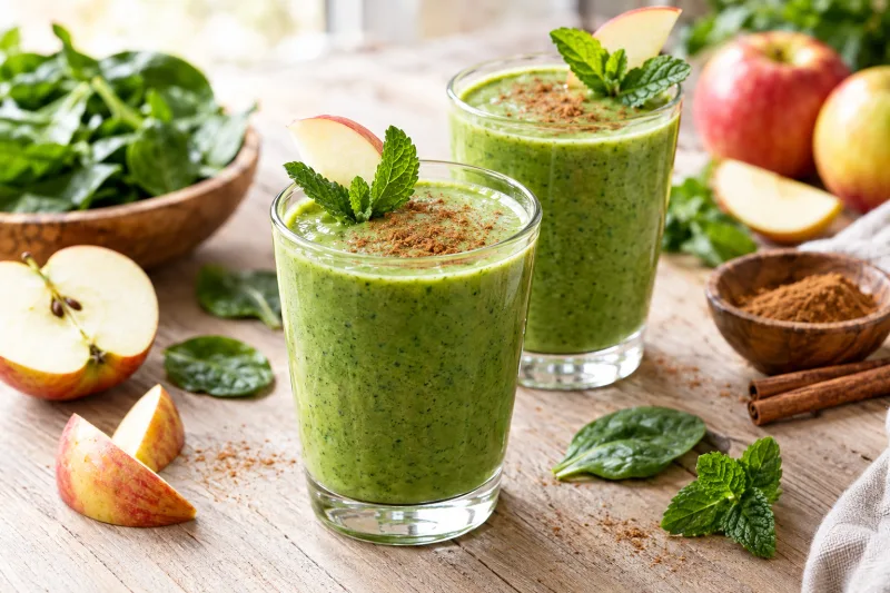 Grüner Spinat-Apfel-Shake in zwei Gläsern mit Zimt bestreut