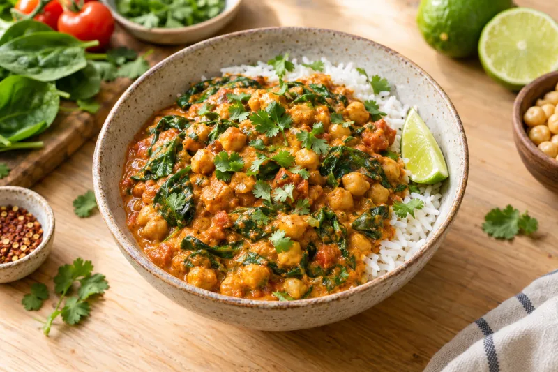Veganes Spinat-Kichererbsen-Curry in einer Schale mit Reis und frischem Koriander