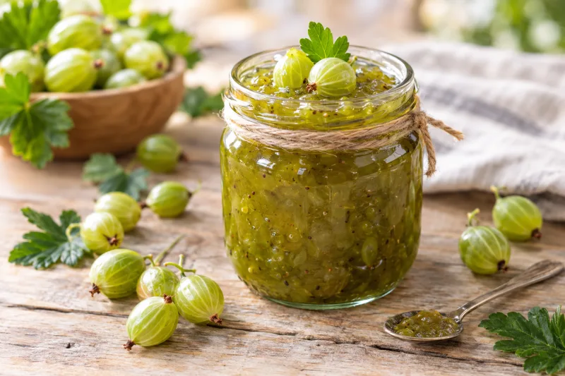 Grüne Stachelbeermarmelade in einem Glas mit frischen Stachelbeeren daneben