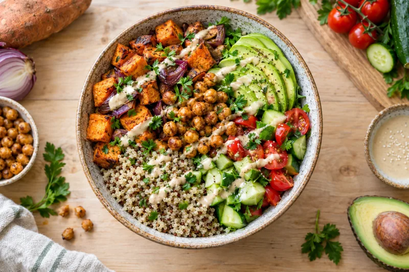 Bunte vegane Süßkartoffel-Kichererbsen-Bowl mit Quinoa, Avocado und Tahini-Dressing