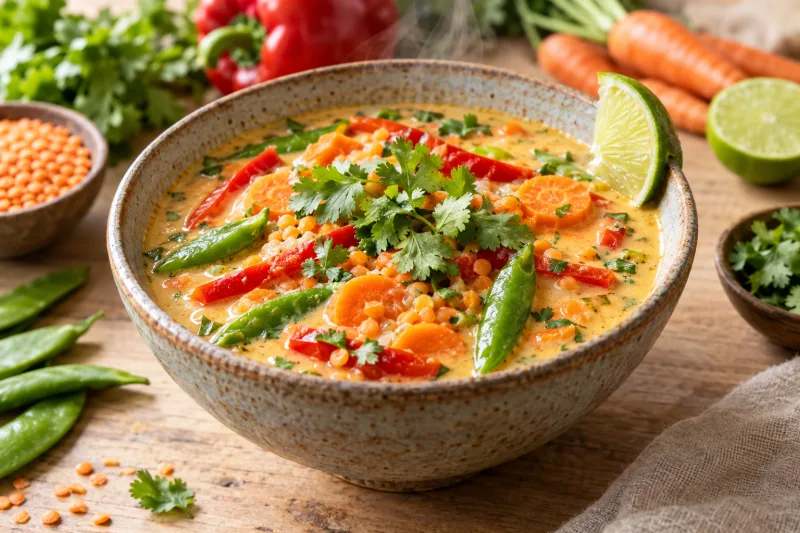 Vegane Thai-Gemüse-Suppe mit Kokosmilch, Linsen und Koriander in einer Schale
