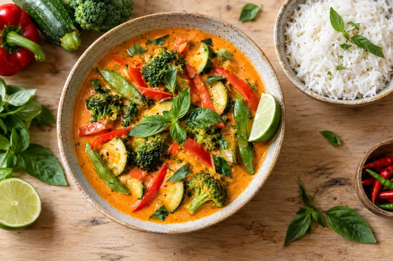 Veganes Thai-Gemüsecurry mit Jasminreis in einer Schale, garniert mit Basilikum und Limette