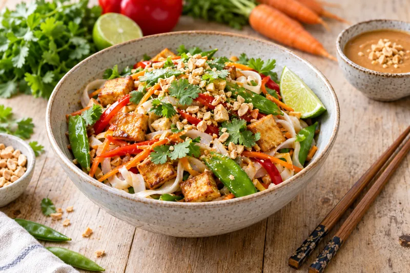 Vegane Thai Noodle Bowl mit Reisnudeln, buntem Gemüse, Räuchertofu und Erdnüssen in einer Schüssel