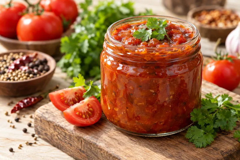 Veganes Tomaten-Chutney in einem Glas, mit frischen Tomaten und Kräutern