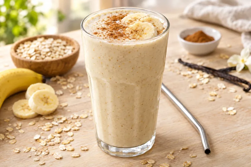 Cremiger Vanille-Haferflocken-Shake im Glas mit Bananenscheiben und Zimt