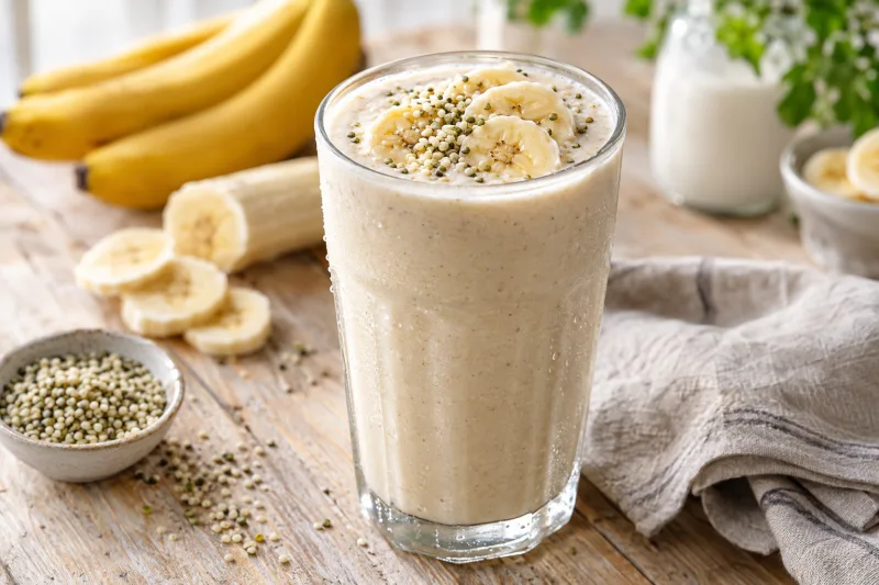 Cremiger Vanille-Protein-Shake im Glas mit Bananenscheiben und Hanfsamen bestreut