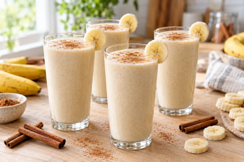Vier Gläser mit cremigem Vanille-Zimt-Shake, bestäubt mit Zimt und Bananenscheiben