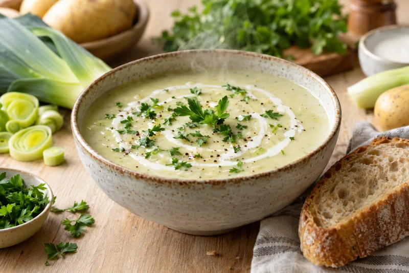 Cremige vegane Kartoffel-Lauch-Suppe in einer Schüssel mit Petersilie garniert