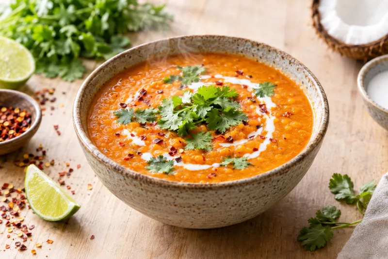 Cremige vegane Rote-Linsen-Suppe mit Kokosmilch in einer Schale, garniert mit Koriander