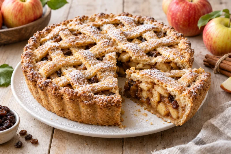 Veganer Appeltaart mit goldbraunem Gitterteig und Puderzucker auf einem Teller