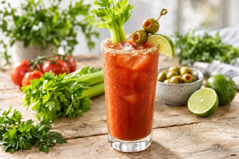Veganer Bloody Caesar im hohen Glas mit Selleriestange, Oliven und Selleriesalzrand