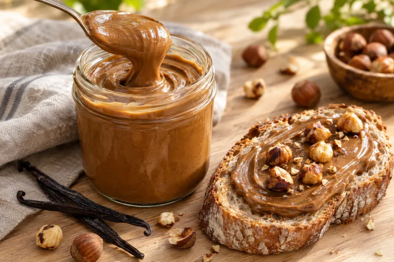 Veganer Haselnussaufstrich in einem Glas mit Löffel und frischem Brot